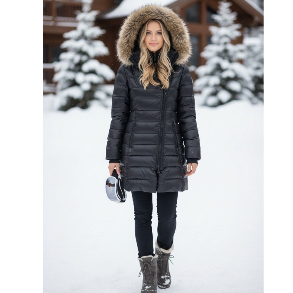 "Atelier Noir" Rudsak Blk Puffer Coat Faux Fur Hood Asymmetrical Zip Parka‎ SZ M
